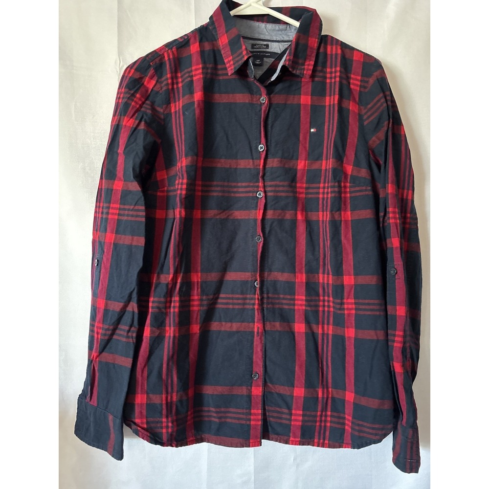 Tommy Hilfiger Women's Blue Red Plaid Flannel Roll Sleeve Cotton Shirt Size S/P - Picture 1 of 6